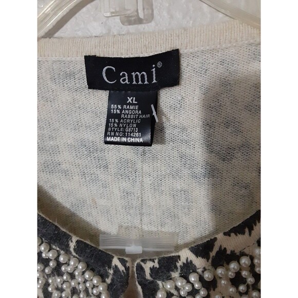 Cami Angora XL Gray Ivory Animal Print Pearl Rhinestone Cardigan Sweater Lg SLV - Picture 2 of 11